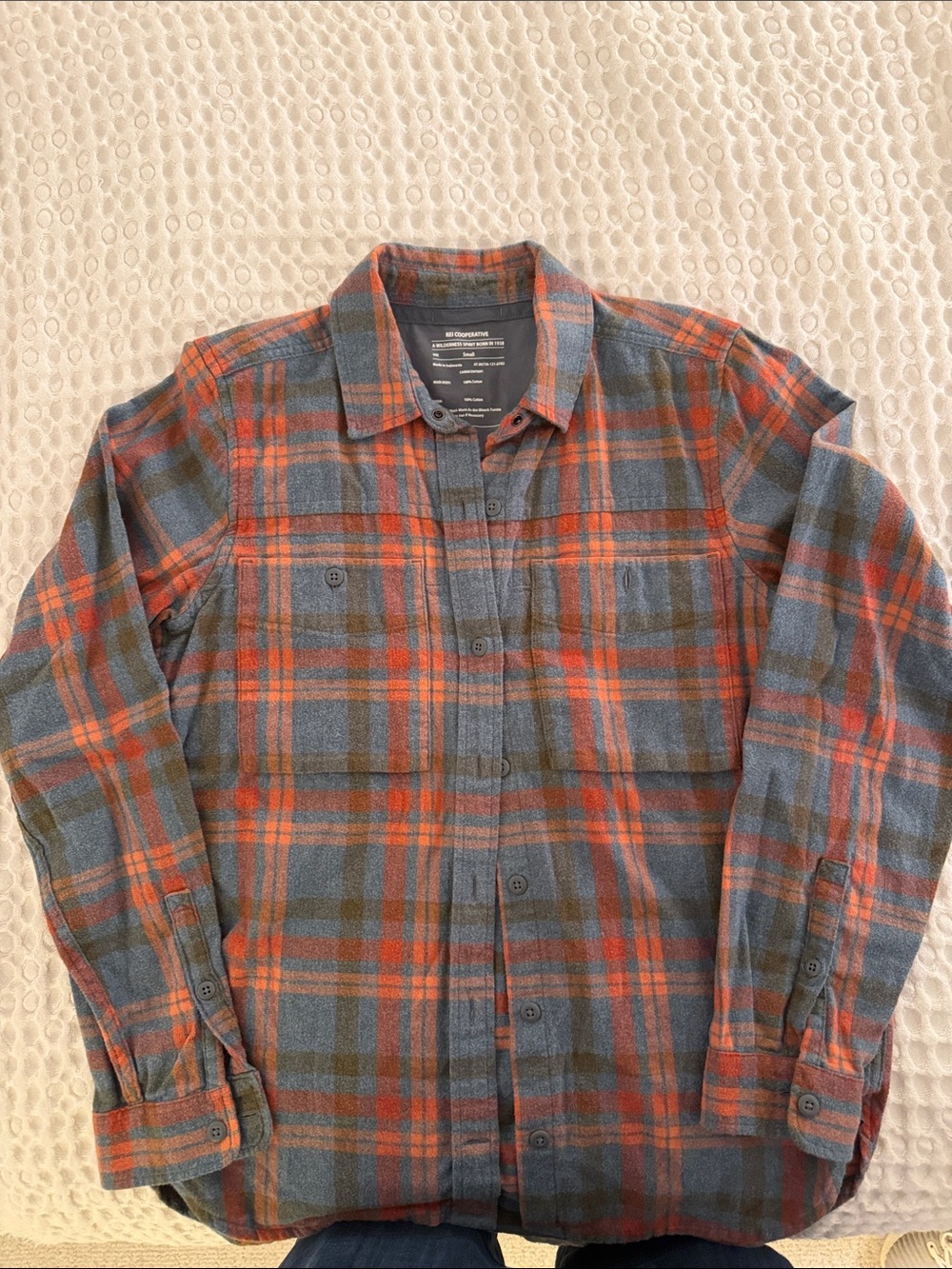 REI Men's Plaid Button-Down Shirt in Gray and Orange